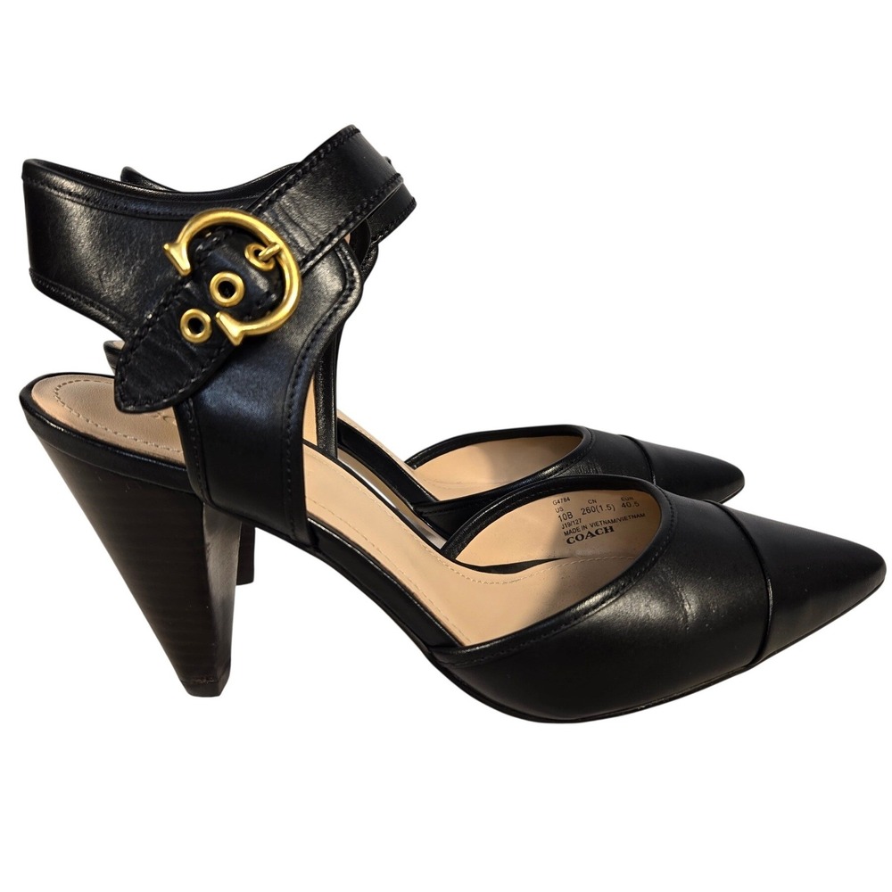 Coach Black Leather Pointed Toe Ankle‎ Strap Pumps Gold Buckle Heels Womens 10